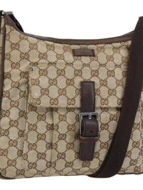 GUCCI GG Canvas Shoulder Bag Beige Silver 114272